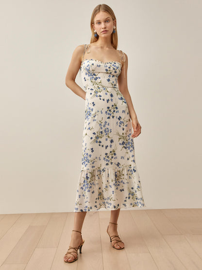 Floral Print Chiffon Casual V-Neck Sleeveless Midi Dress