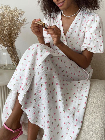 Pure Cotton Bandage Wrap-up Puff Sleeve Printed Comfort Maxi Dresses