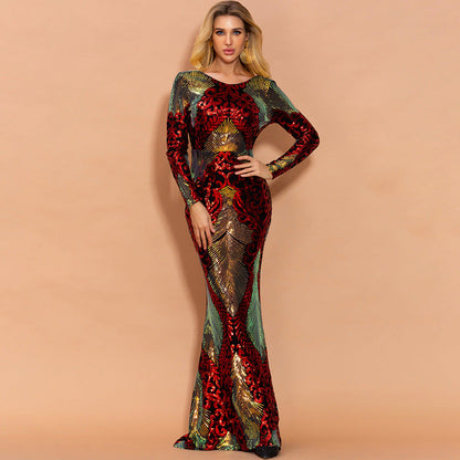 Evening  Stitching Mop Long Sequ Dress Ladies Formal Gown