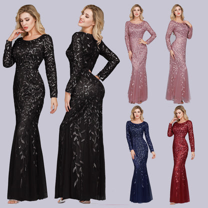 Multi-Color Long Sleeve round Neck Fishtail Banquet Evening Dress for