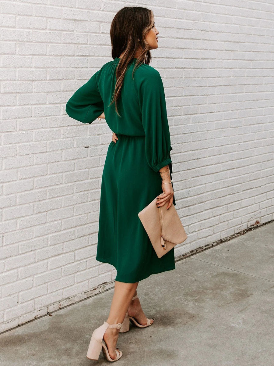 Sash Jewel Neck 3/4 Length Sleeves Midi Dress