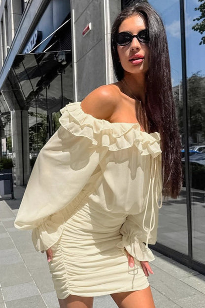 Off Shoulder Ruffle Trim Tie Front Lantern Sleeve Ruched Skirt Two Piece Set