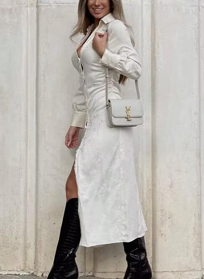 Simple V neck Jacquard Drawstring Dress
