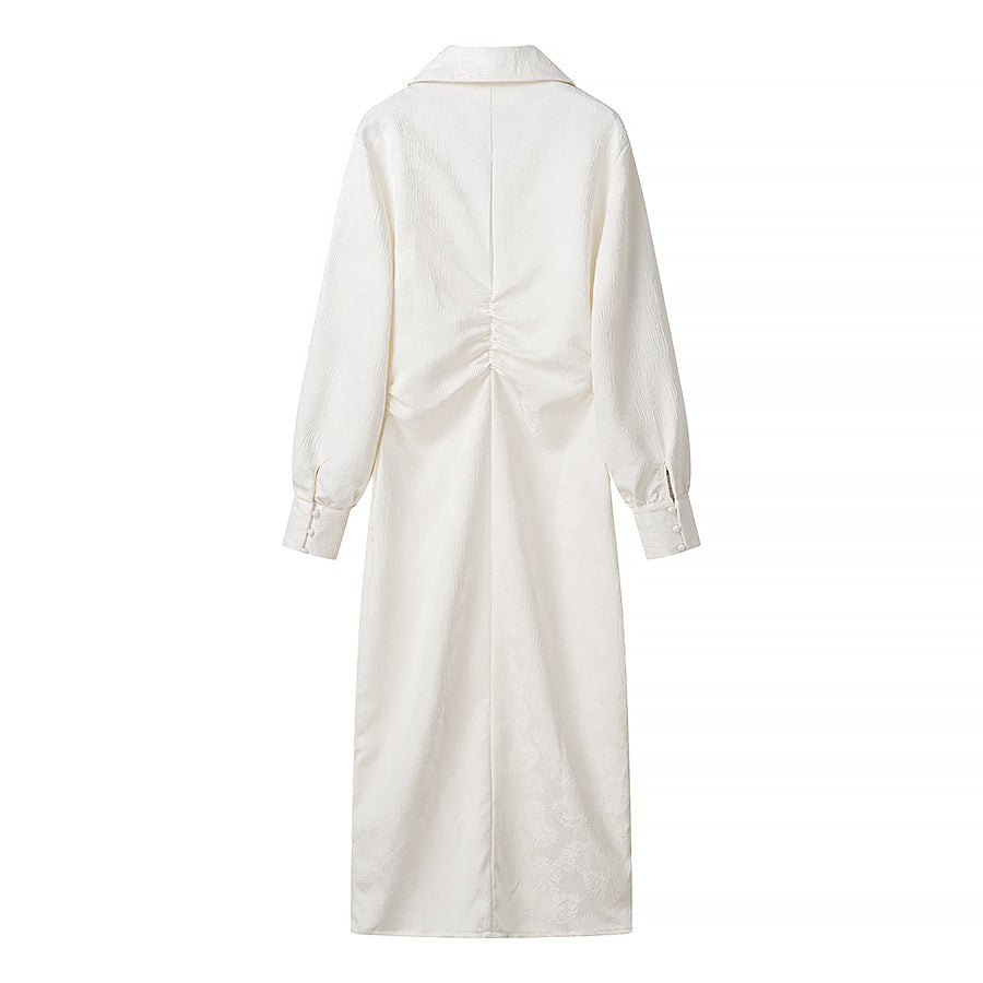 Simple V neck Jacquard Drawstring Dress