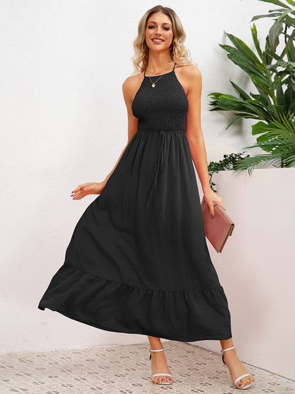 Party Dress Halter Open Back Pleated Front Belted Tiered Midi Dresses