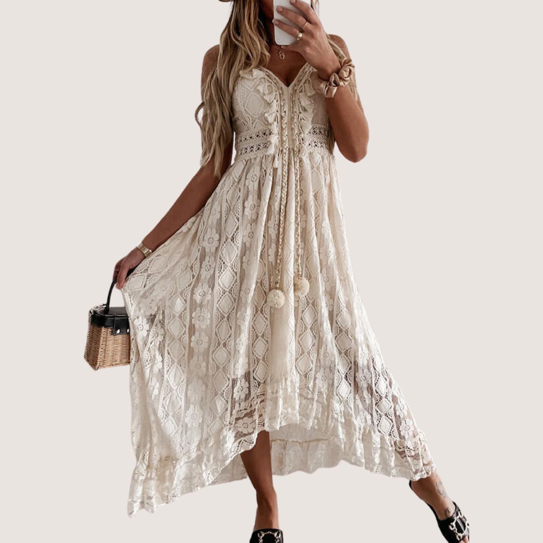 Lace-Up V-Neck Crochet Waistband Pom-Pom Tassel Scalloped Hem Lace Midi Dress