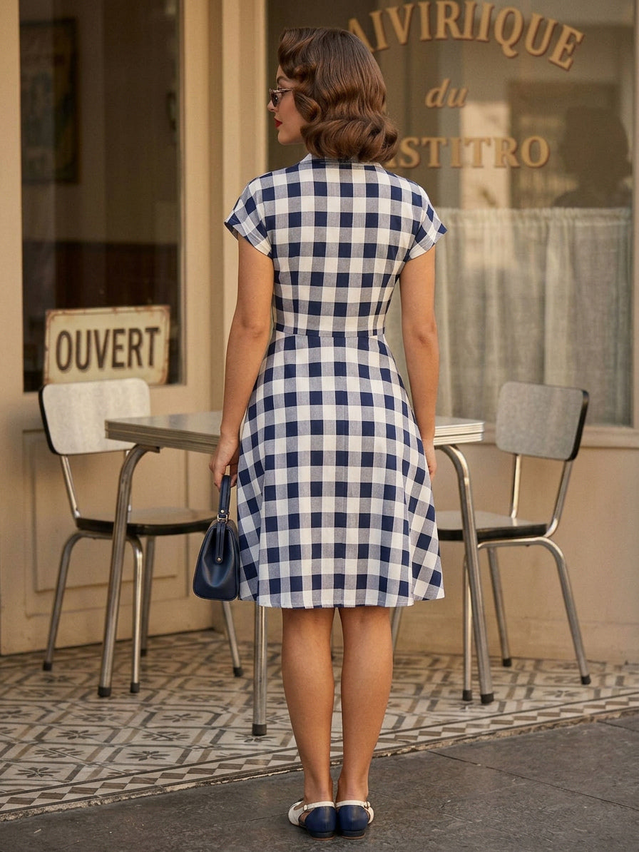 Gingham Vintage Dress Short Sleeve Hepburn Style A-line Midi Dress For Women 2026