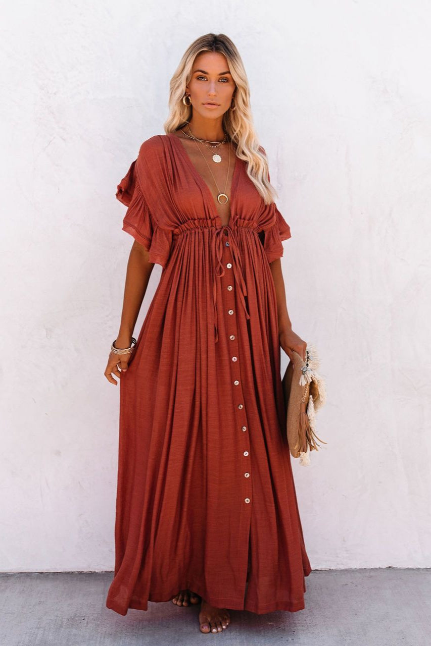 Deep V-Neck Flutter Sleeve Button Front Drawstring Waist Maxi Dress