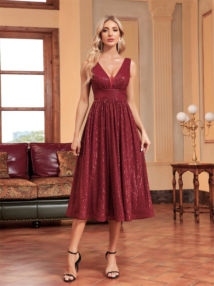 Deep V Neck Sleeveless Sequin Waistband Pleated Skirt Midi Dress