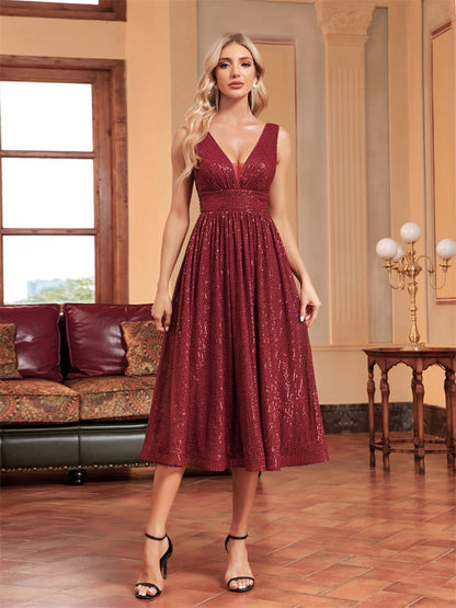 Deep V Neck Sleeveless Sequin Waistband Pleated Skirt Midi Dress