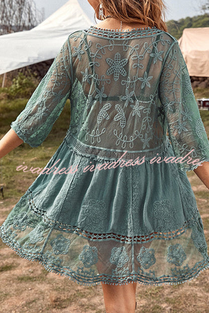Lace V Neck Hollow Short Sleeved Cover Up