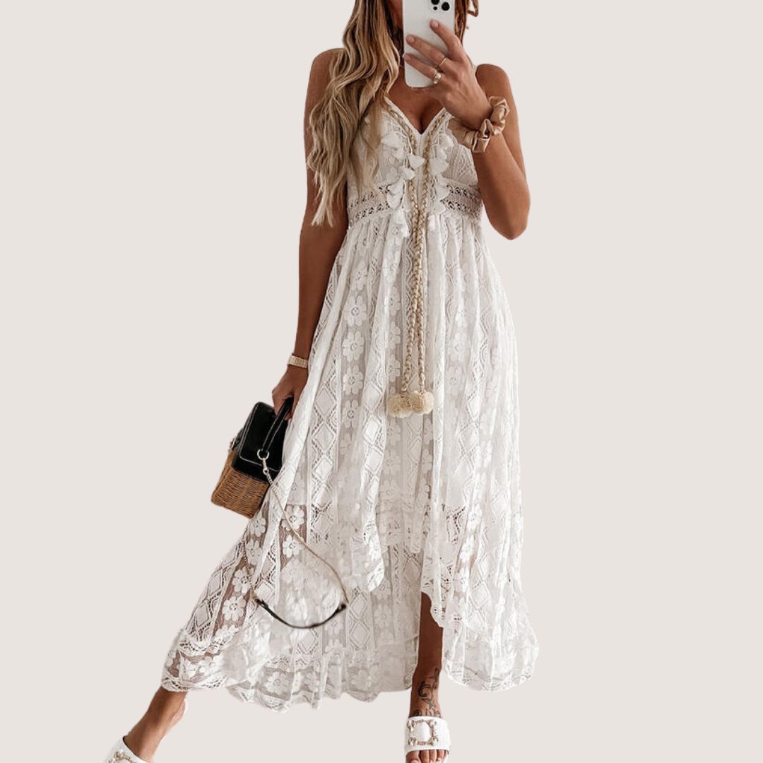 Lace-Up V-Neck Crochet Waistband Pom-Pom Tassel Scalloped Hem Lace Midi Dress