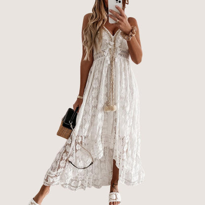 Lace-Up V-Neck Crochet Waistband Pom-Pom Tassel Scalloped Hem Lace Midi Dress