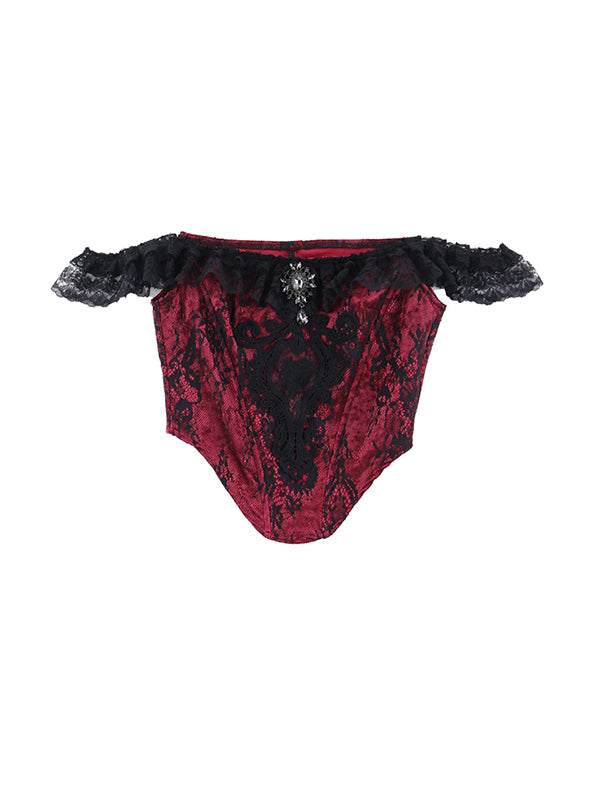 Vintage Lace Velvet Splice Irregular Hem Corset Top