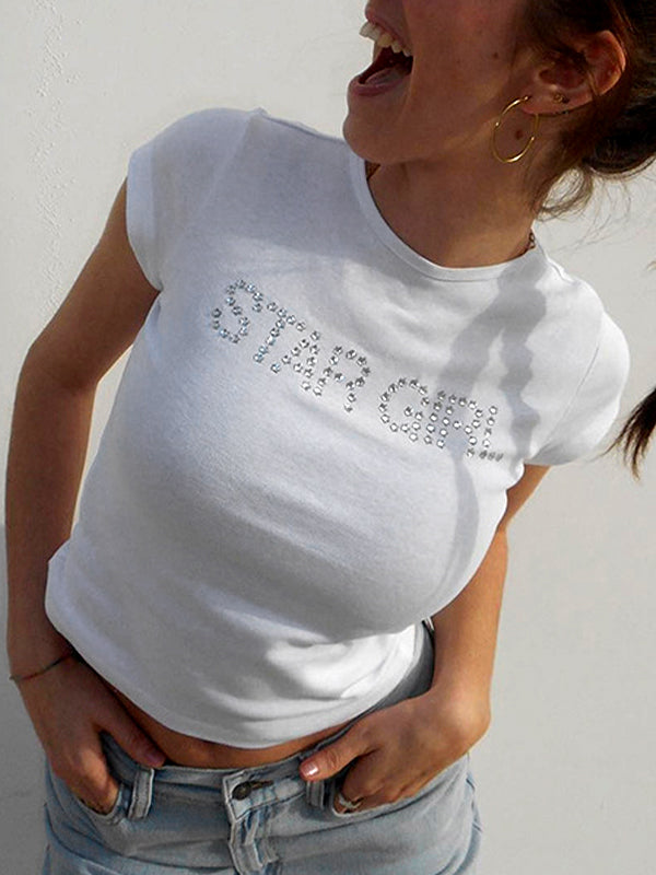 Letter Rhinestone Print Short Sleeve Tee