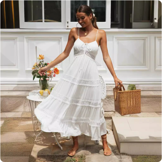 Spaghetti Strap V Neck Lace Insert Tiered Boho Maxi Dress