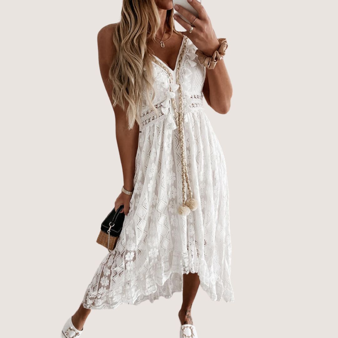 Lace-Up V-Neck Crochet Waistband Pom-Pom Tassel Scalloped Hem Lace Midi Dress
