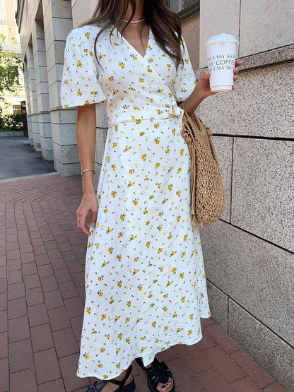 Pure Cotton Bandage Wrap-up Puff Sleeve Printed Comfort Maxi Dresses