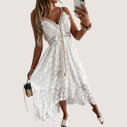 Lace-Up V-Neck Crochet Waistband Pom-Pom Tassel Scalloped Hem Lace Midi Dress