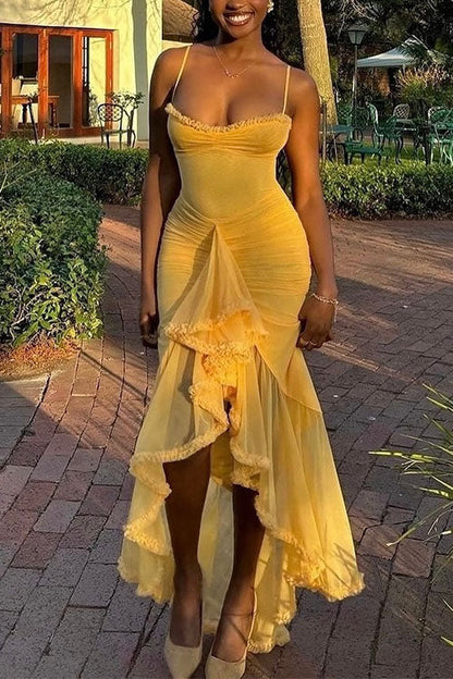 Spaghetti Strap Frill Trim Draped Slit Maxi Dress