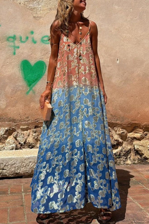 TIE DYE GRADIENT GOLDEN FLOWER PRINT POCKETED A-LINE SLIP MAXI DRESS
