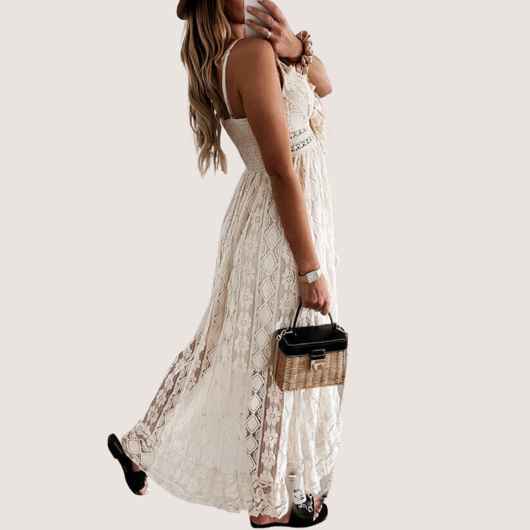 Lace-Up V-Neck Crochet Waistband Pom-Pom Tassel Scalloped Hem Lace Midi Dress