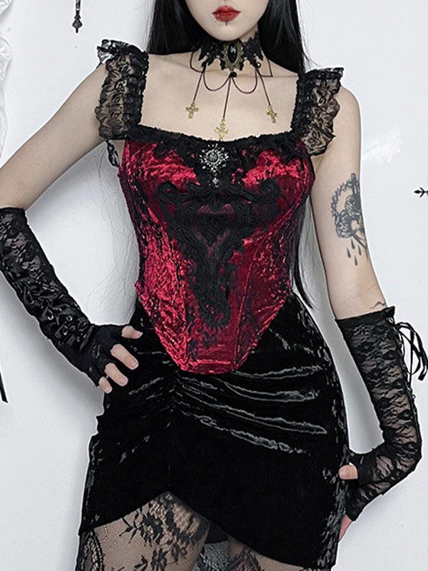 Vintage Lace Velvet Splice Irregular Hem Corset Top