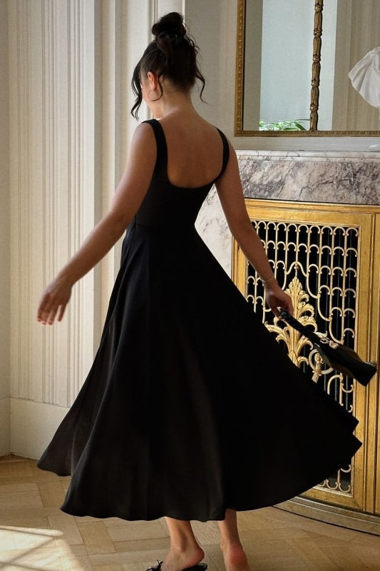 Square Neck Wide Strap Sleeveless Full Skirt Midi Dress