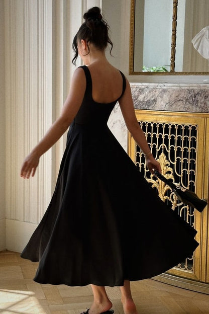 Square Neck Wide Strap Sleeveless Full Skirt Midi Dress