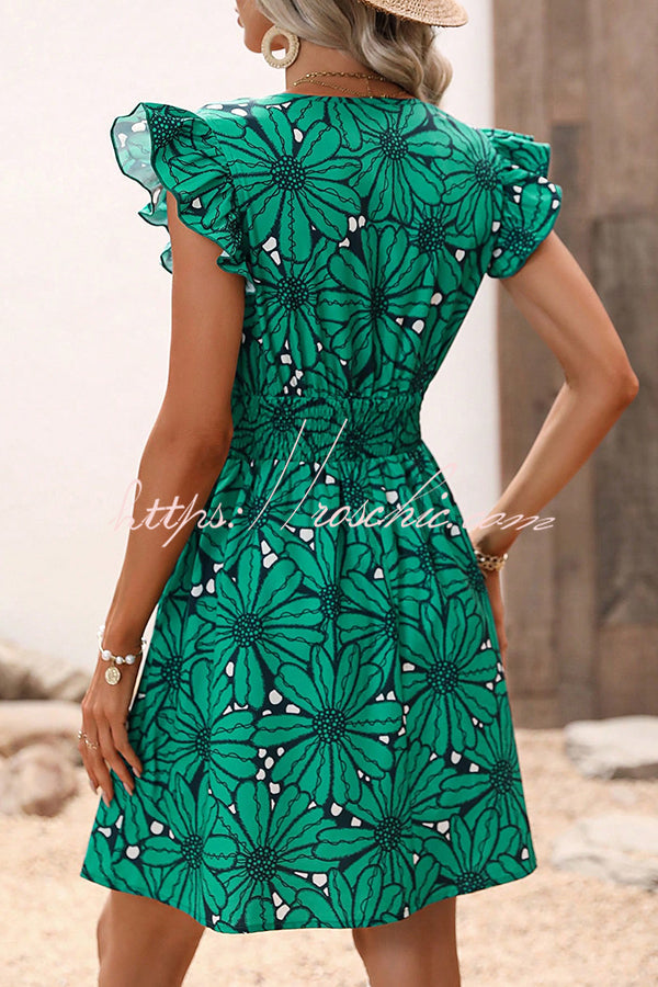 Wonderful Weekend Floral Print Ruffle Sleeve Elastic Waist Mini Dress