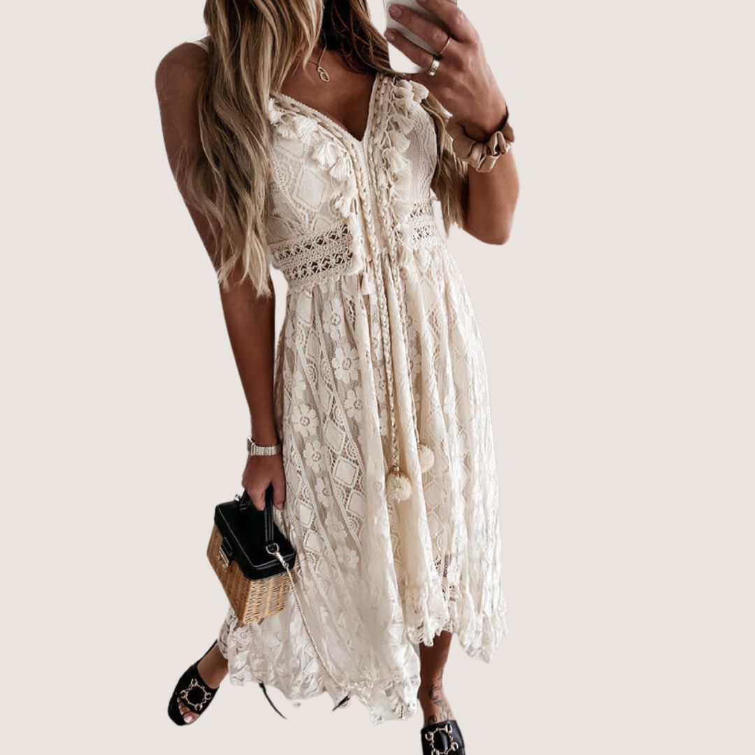 Lace-Up V-Neck Crochet Waistband Pom-Pom Tassel Scalloped Hem Lace Midi Dress
