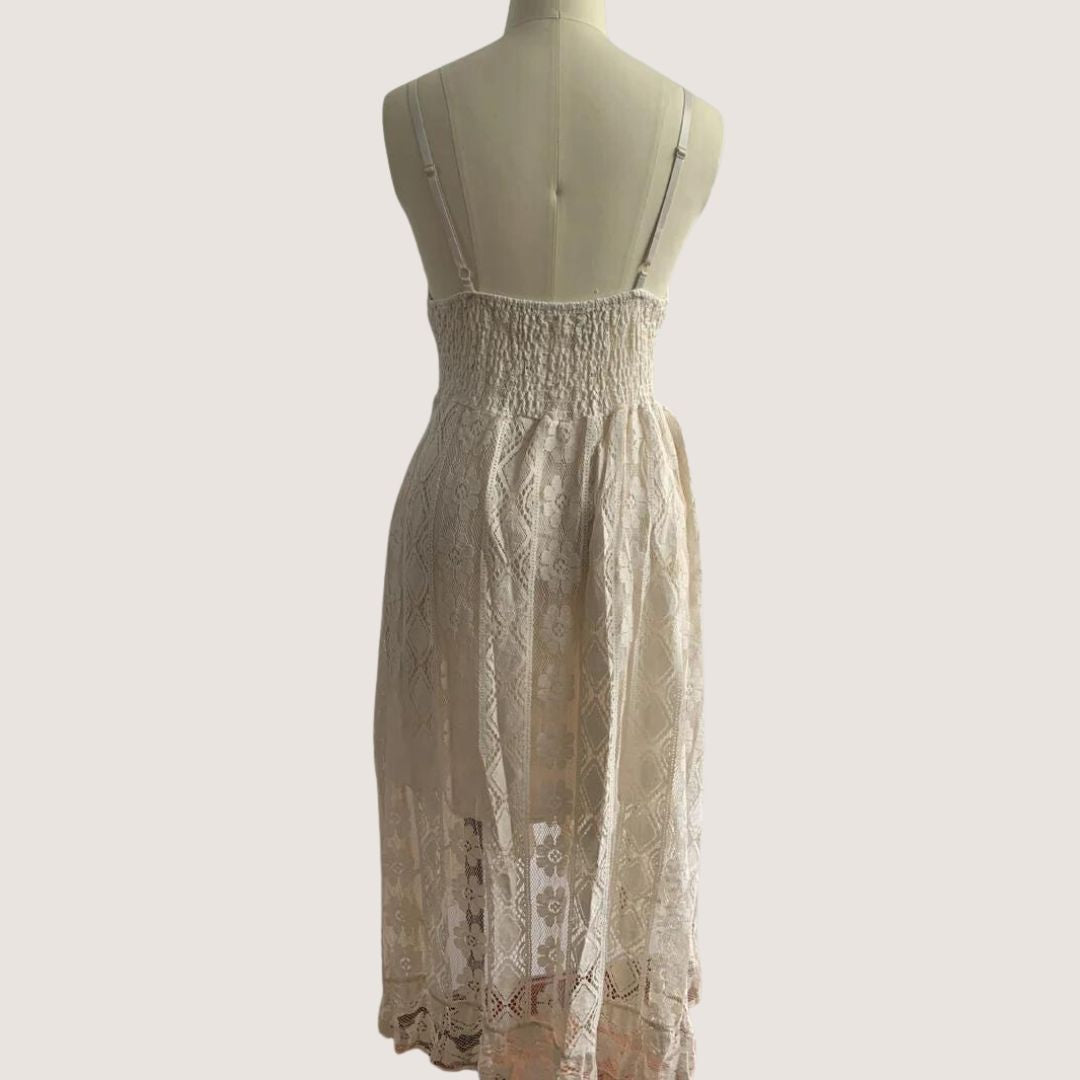 Lace-Up V-Neck Crochet Waistband Pom-Pom Tassel Scalloped Hem Lace Midi Dress