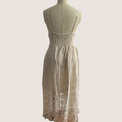 Lace-Up V-Neck Crochet Waistband Pom-Pom Tassel Scalloped Hem Lace Midi Dress