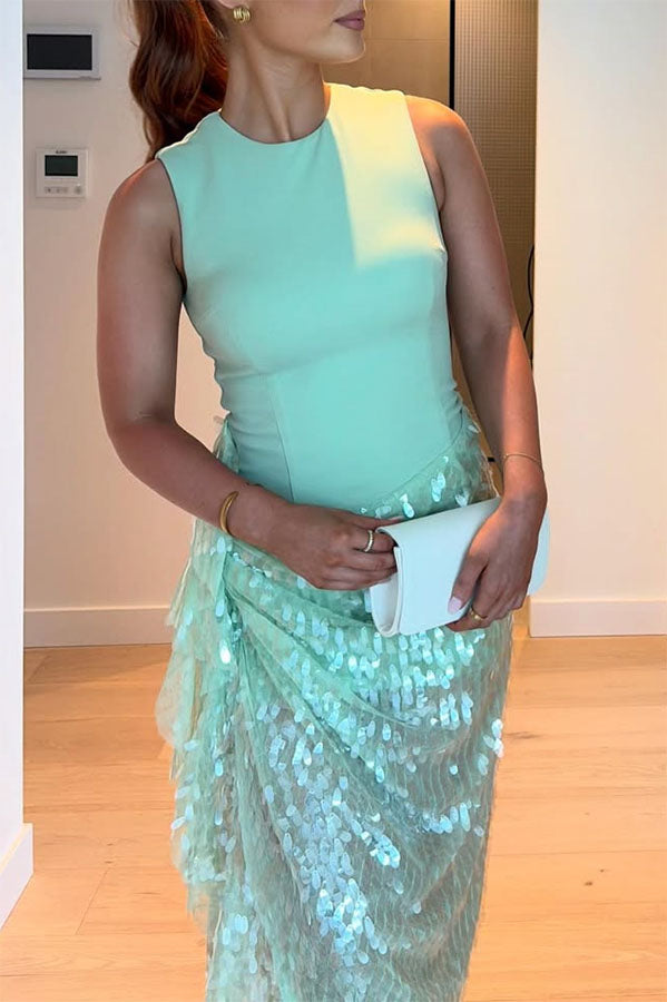 Unspoken Glamour Crepe and Fish Scale Sequins Ruffle Ruched Drape Maxi Dress