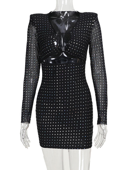 Tossy Sequined Hollow Strap Slim Mini Dress Women Sexy Long Sleeve Hip Wrap Patchwork Black Party Evening Dress Female Summer