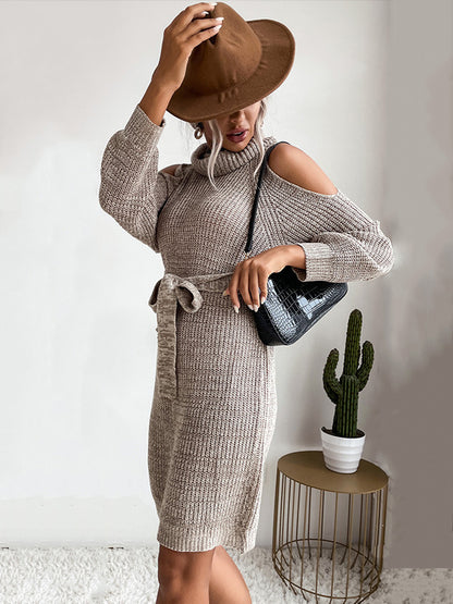 Knitted Dress For Women Beautiful Lace Up High Collar Long Sleeves Stretch Midi Dress