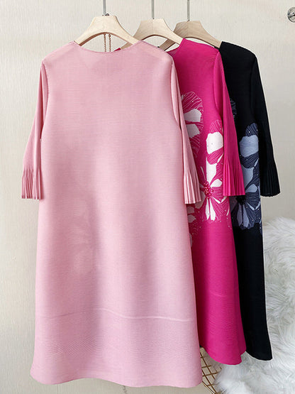 Flared Sleeves Loose Floral Printed Round-Neck Midi Dresses