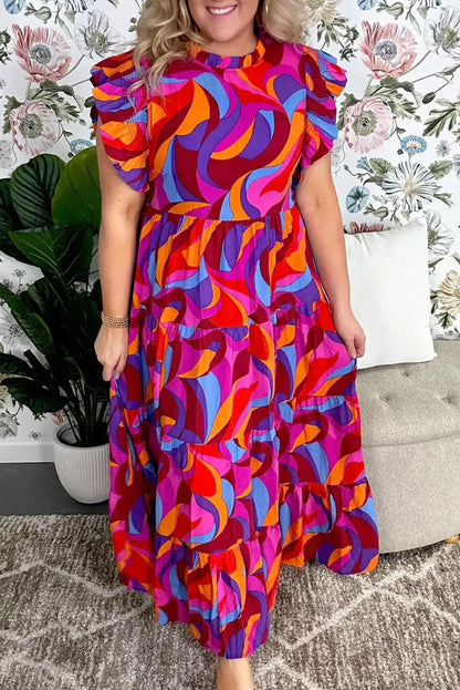 multicolour abstract ruffle maxi dress