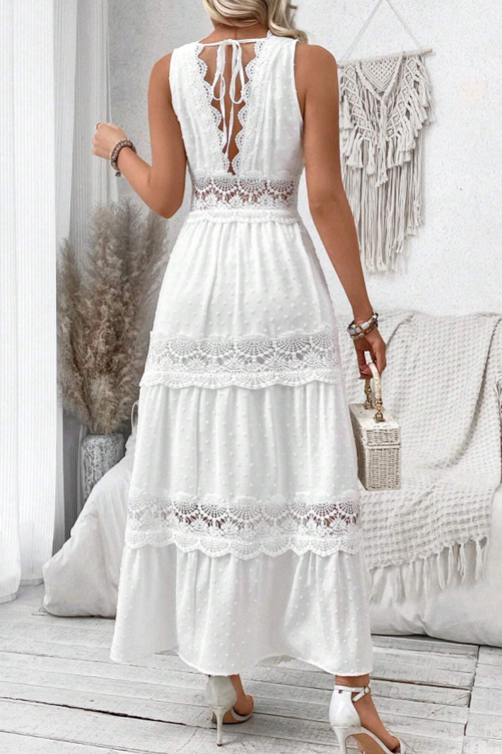 Swiss Dot Lace Inset Scoop Neck Sleeveless Tiered Maxi Dress