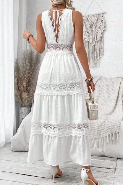 Swiss Dot Lace Inset Scoop Neck Sleeveless Tiered Maxi Dress