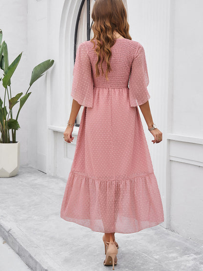 Party Dress Tiered Pleated V-Neck Summer Stylish Casual Midi Dresses