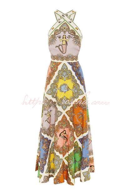 Ocean Legend Linen Blend Mermaid Print Halter Tie-up Midi Dress
