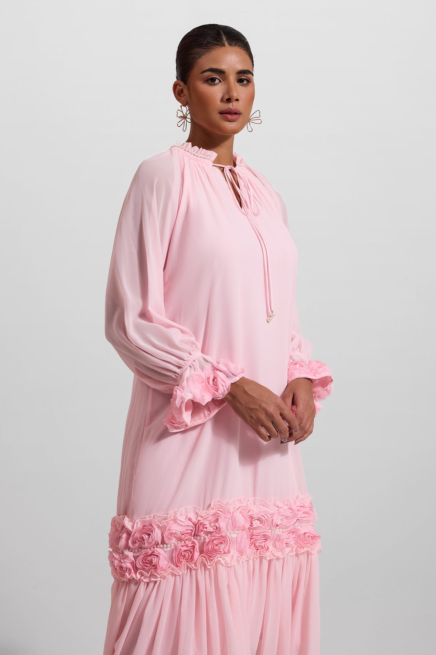 3D Floral Frill Long Sleeve Midi Dress