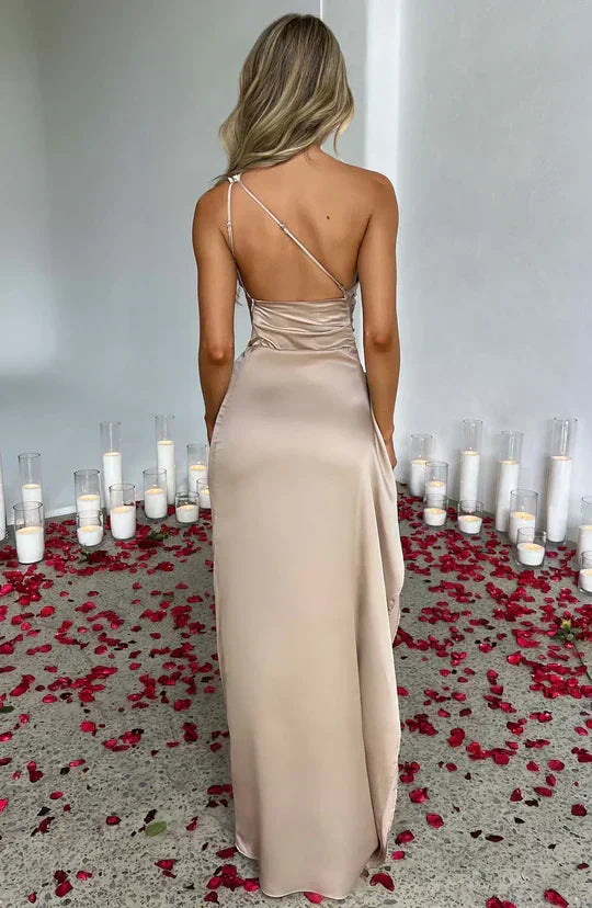 One Shoulder Ruched Satin High Slit Floor Length Maxi Gown