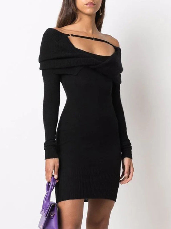 White Bodycon Dress Foldover Long Sleeves Twisted-Front Pencil Mini Dresses
