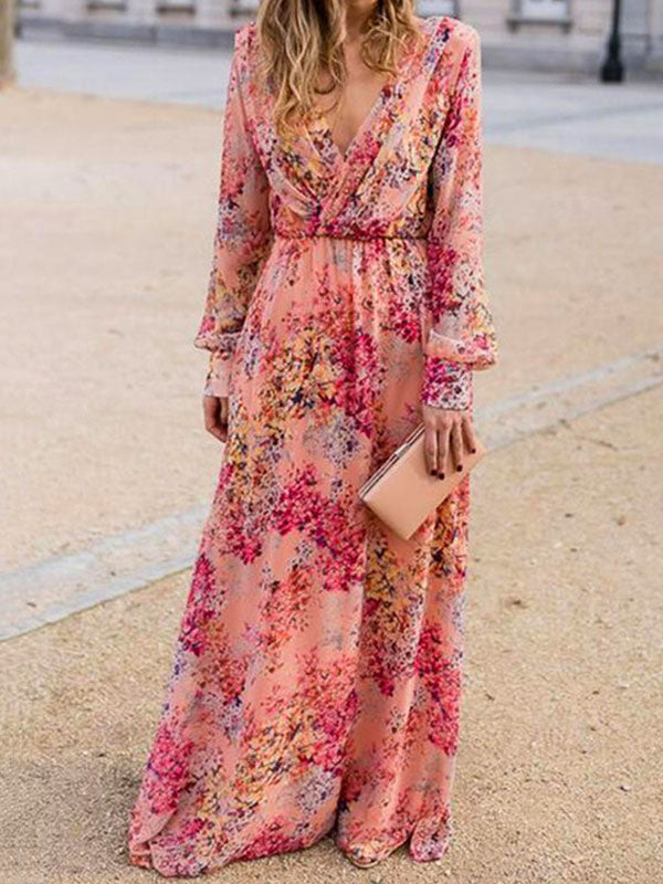Maxi Dresses Long Sleeves Pink Printed V-Neck   Long Dress