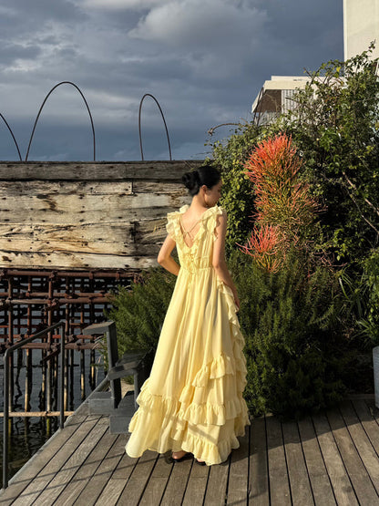 Sunset Ruffle Asymmetrical Maxi Dress – Romantic Flowy Vacation Look gunne sax vintage dress
