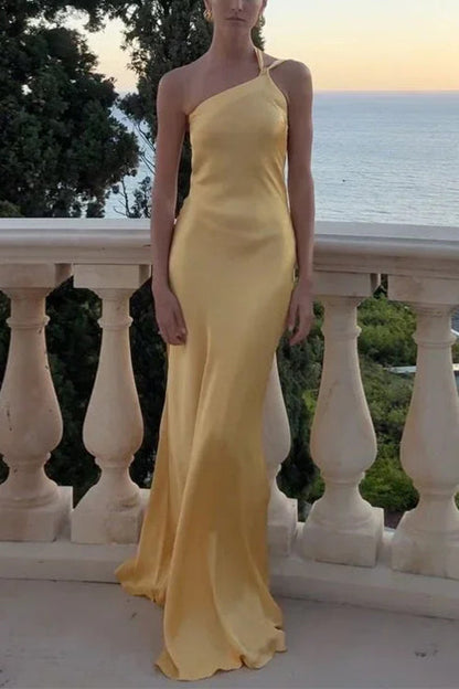 One Shoulder Open Back Tie Knot Satin Maxi Dress