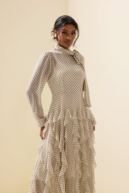 Polka Dot Frill Lace-Up Midi Dress
