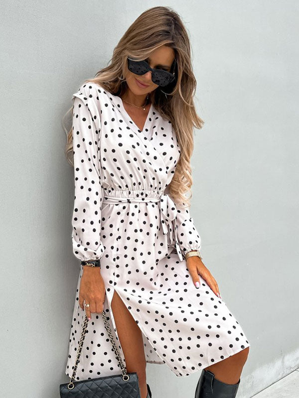 Polka Dot Lace Up Sexy V-Neck Long Sleeves Midi Dress